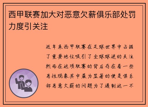 西甲联赛加大对恶意欠薪俱乐部处罚力度引关注